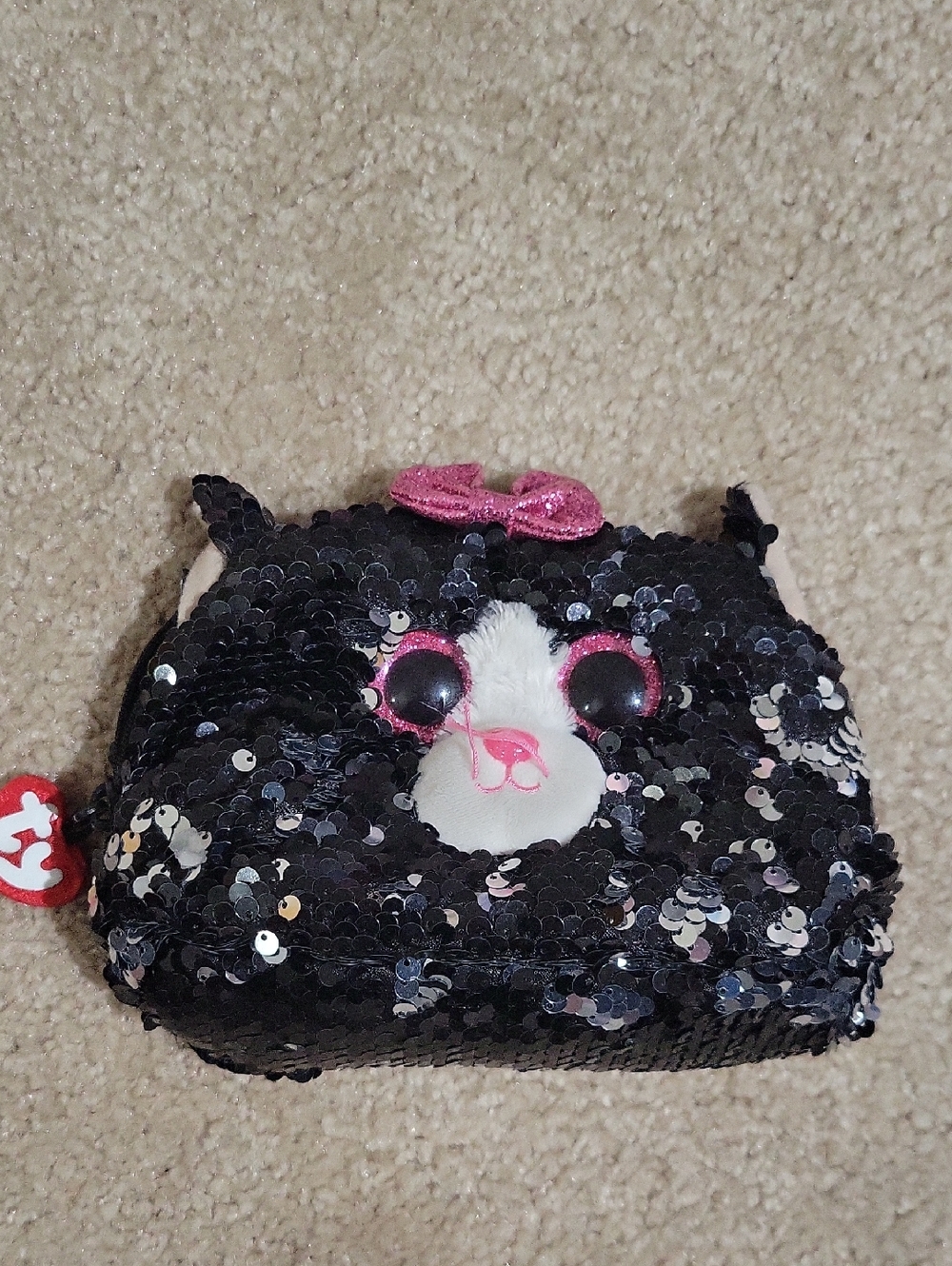 TY Fashion Cat KIKI Black/Silver Sequins Accessory Purse Clutch Pink Bow 7"